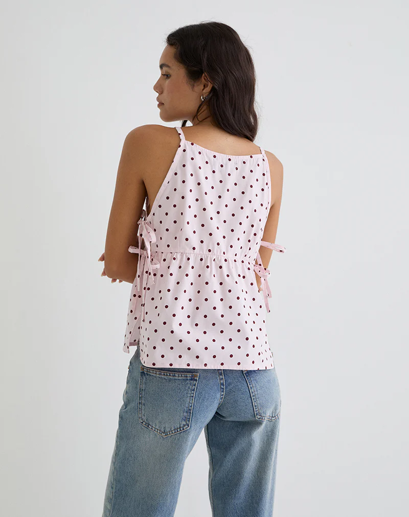 Palsi Tie Side Top in Pink with Medium Polka Red - Image 6