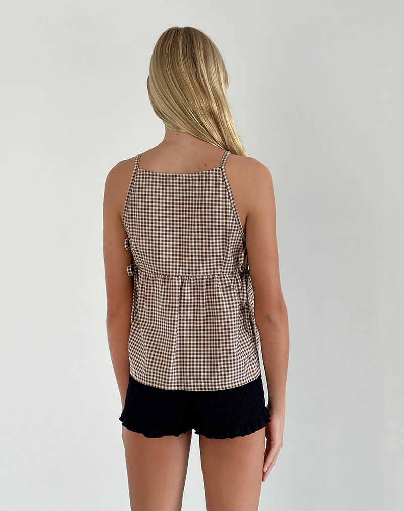 Palsi Tie Side Sleeveless Top in Brown Mini Gingham - Image 3