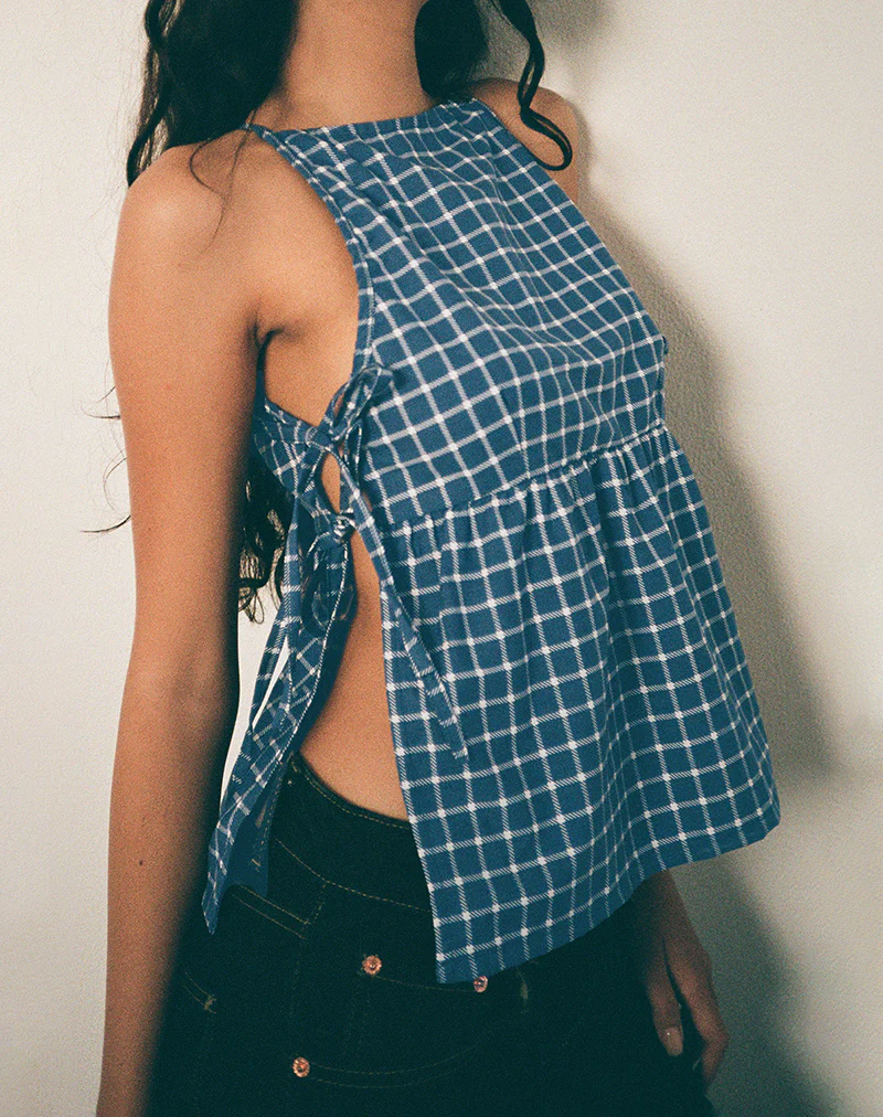 Palsi Tie Side Top in Navy Tartan - Image 2
