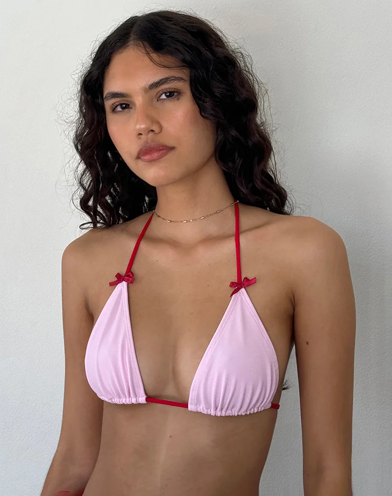 Pami Bikini Top in Sakura Shimmer with Red Strap and Bow - Image 6