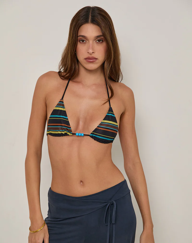 Pami Bikini Top in Dark Stripe Black Blue with Beads - Image 5