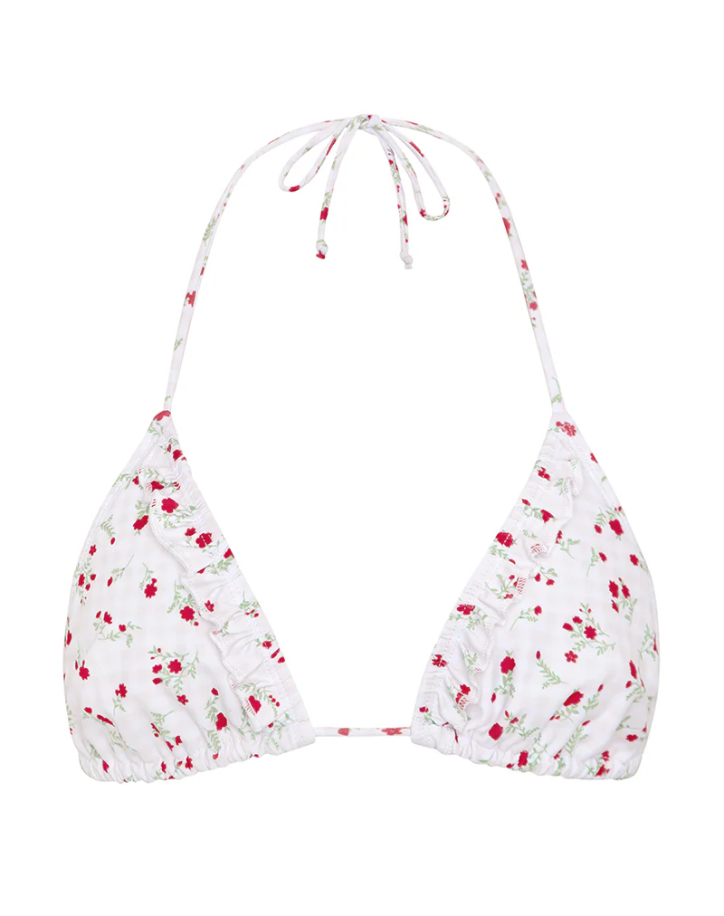 Pami Bikini Top in Red Floral Beige Gingham with Ruffle - Image 7