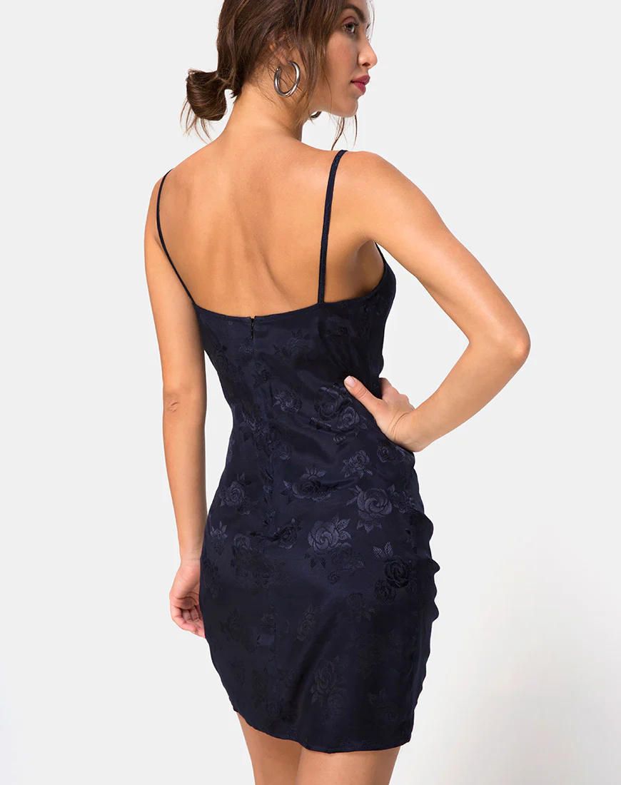 Panthus Slip Dress in Navy Satin Rose - Image 3