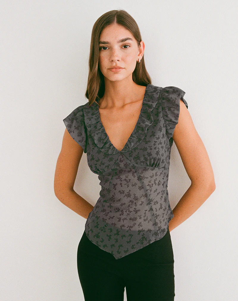Paquita Top in Chiffon Minimal Flower Dark Grey - Image 6