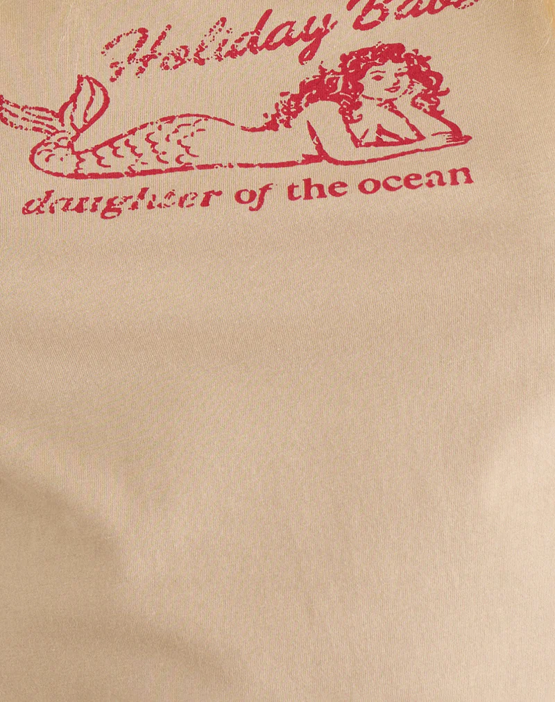 Parman Top in Tan with Red Binding and Mermaid Graphic - Image 6