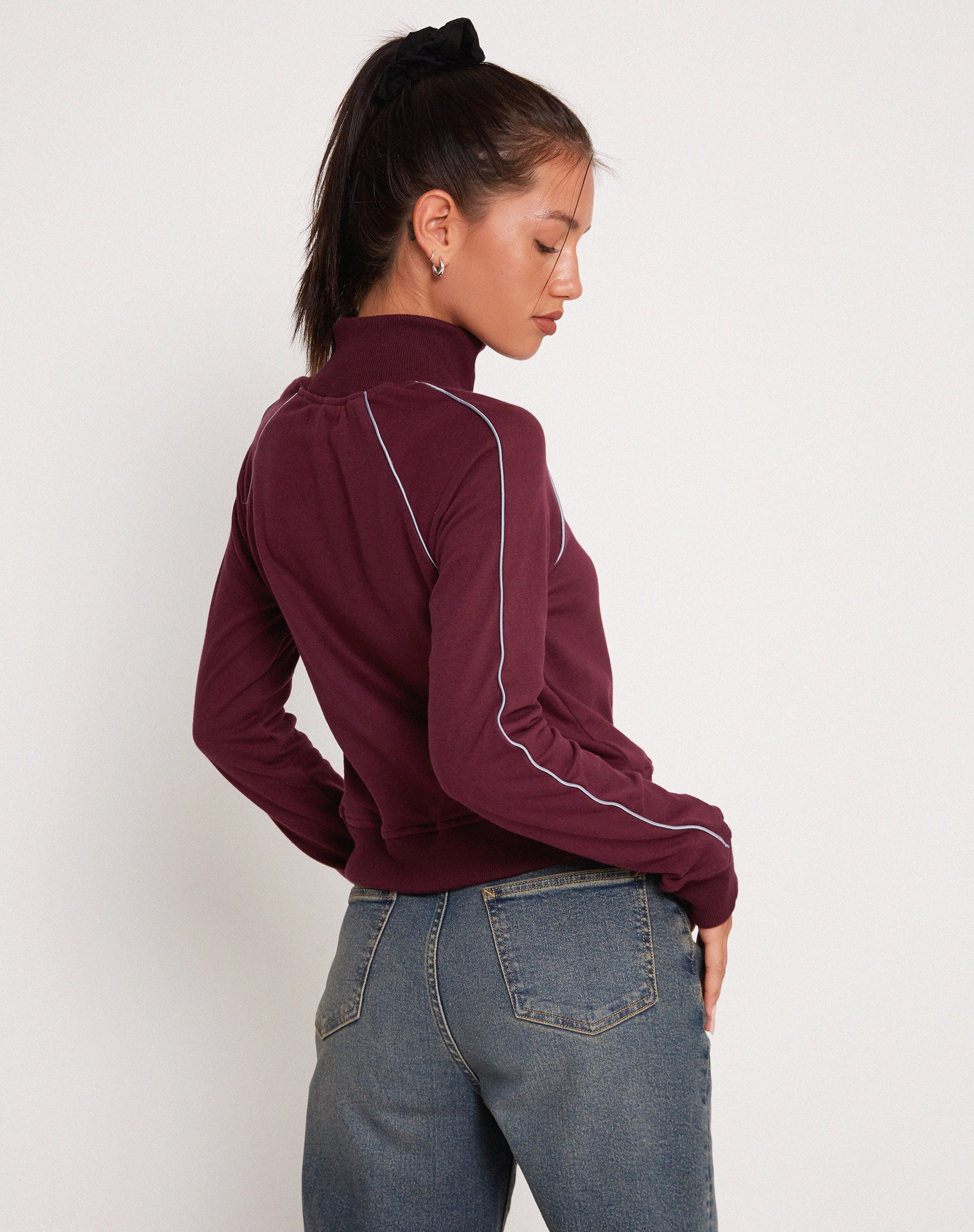 Patrice Zip Up High Neck Sweater in Oxblood with Grey Piping - Image 2