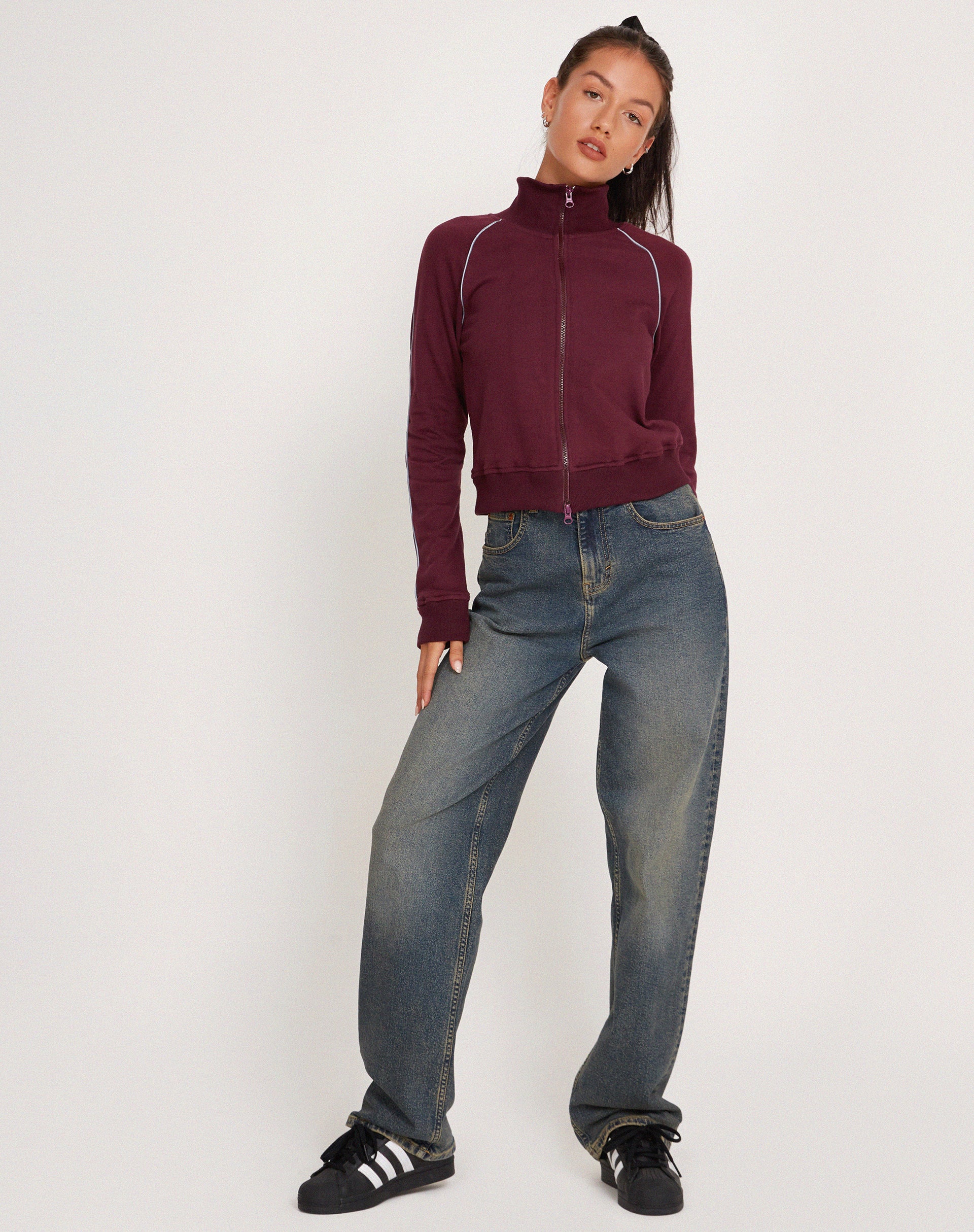 Patrice Zip Up High Neck Sweater in Oxblood with Grey Piping - Image 3