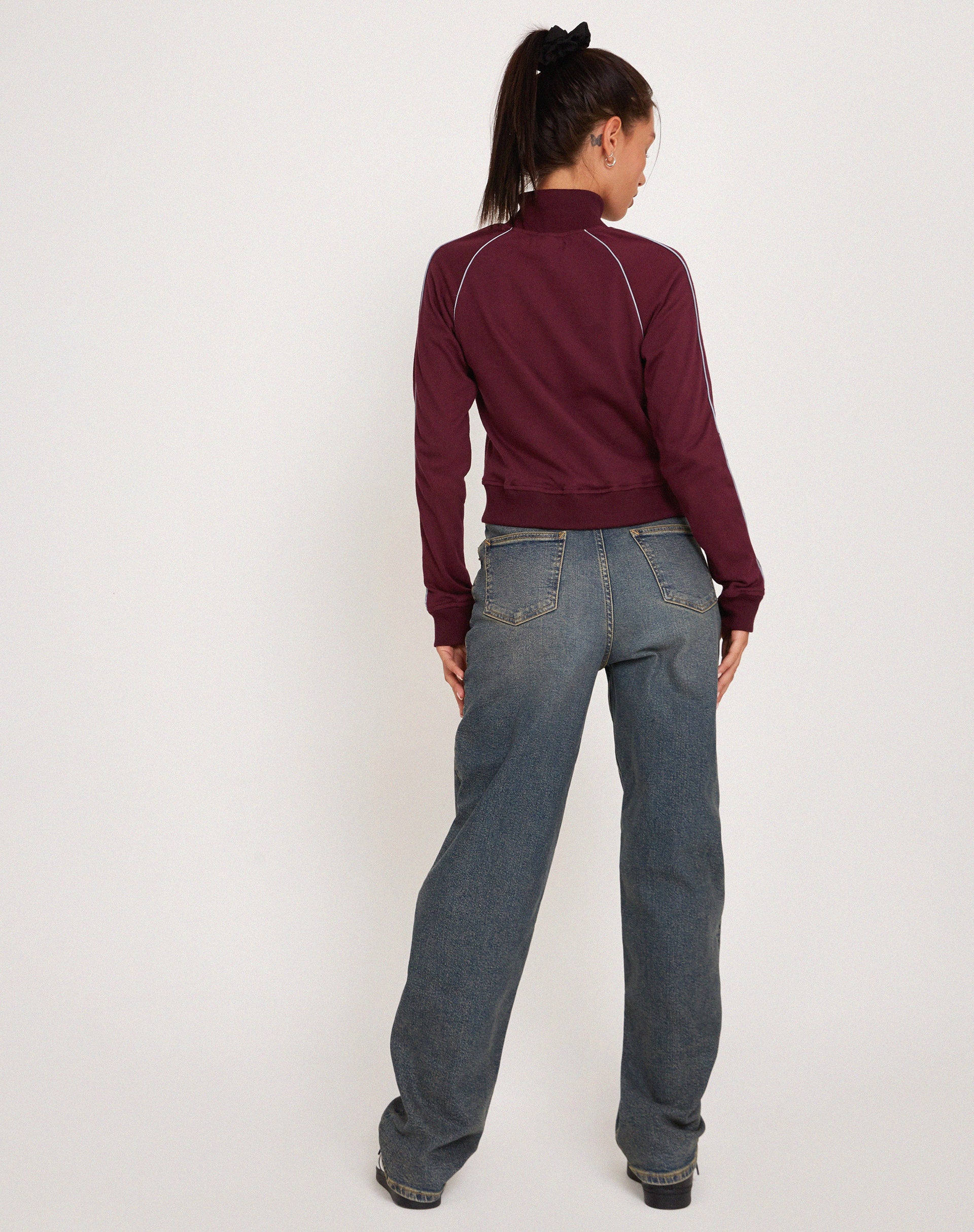 Patrice Zip Up High Neck Sweater in Oxblood with Grey Piping - Image 4