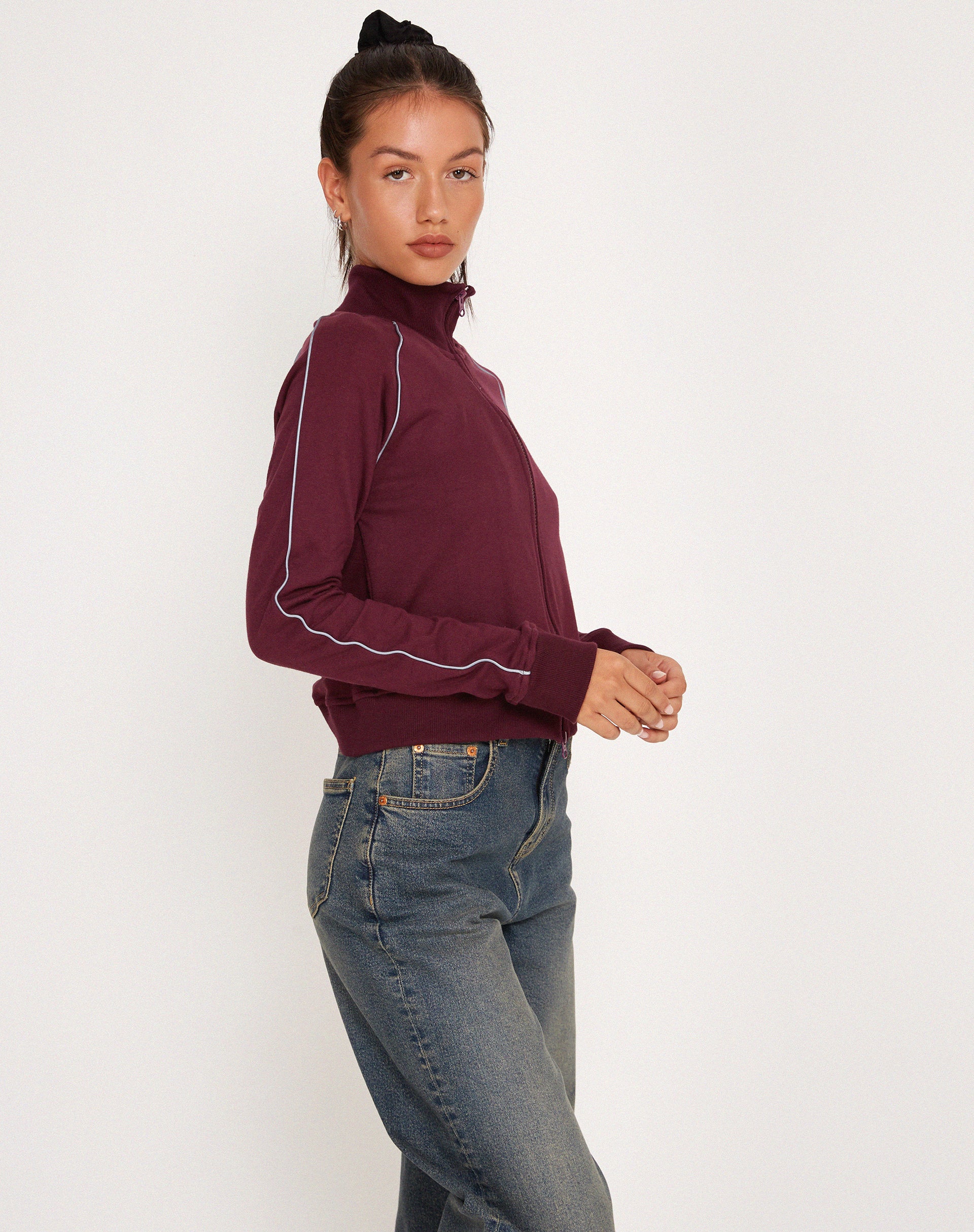 Patrice Zip Up High Neck Sweater in Oxblood with Grey Piping - Image 5