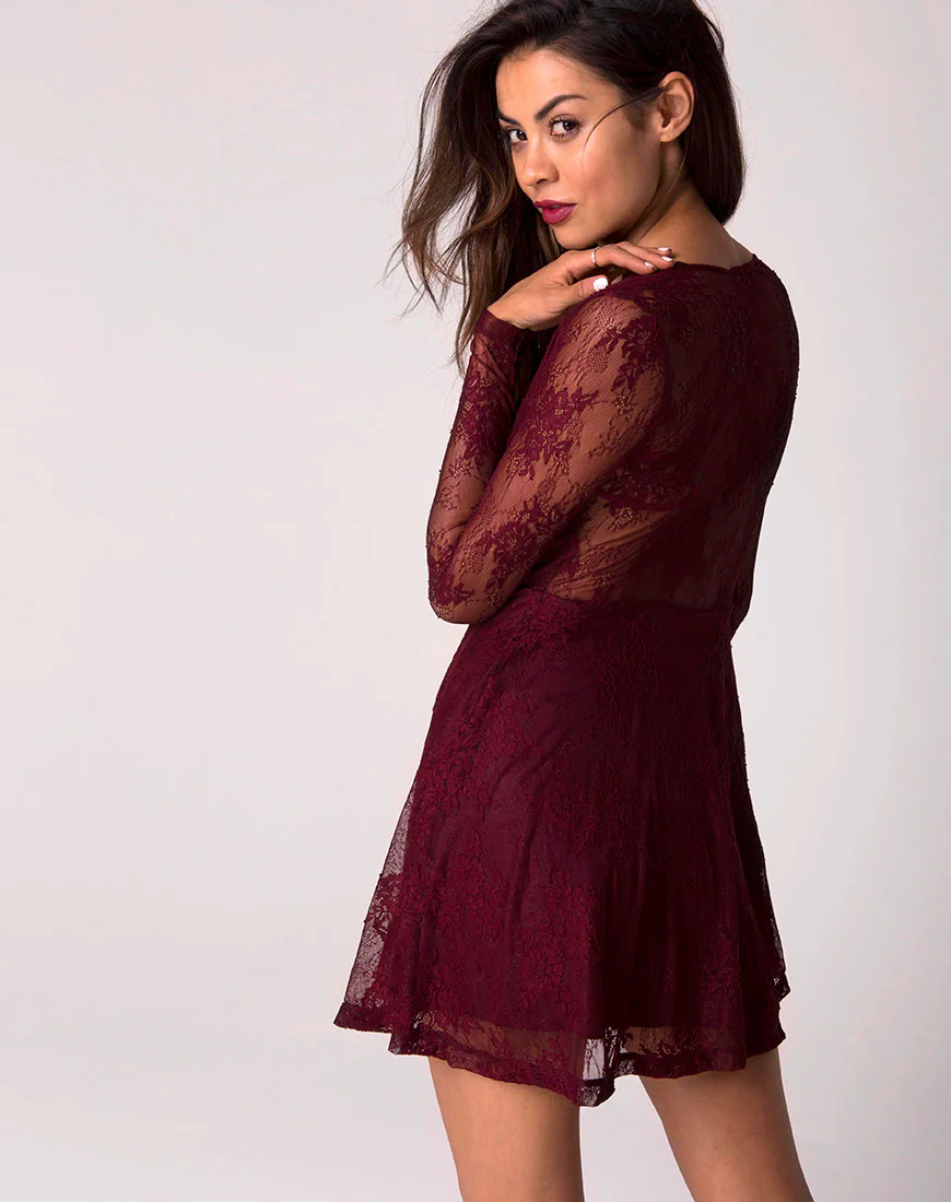 Penley Skater Dress in Femme Lace Maroon - Image 2