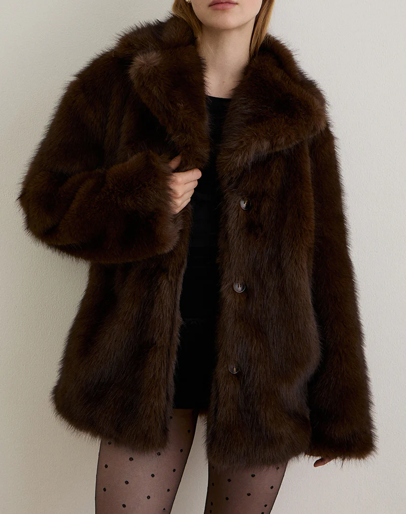 Pepita Jacket in Faux Fur Dark Brown - Image 4