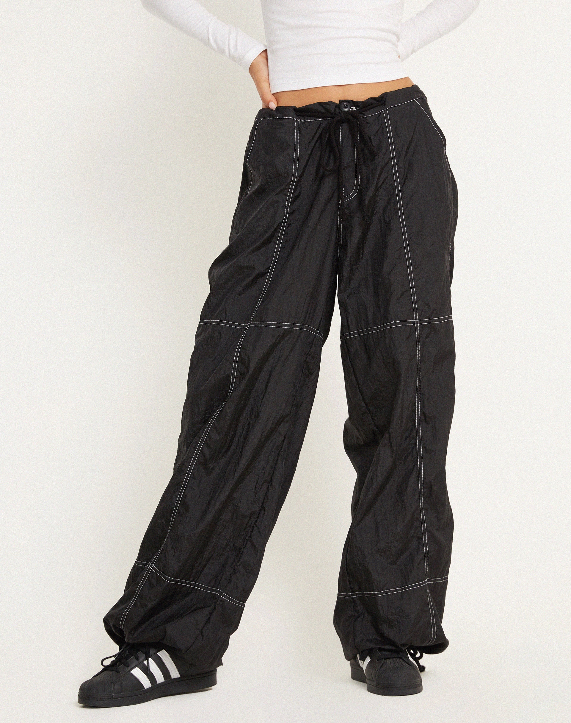 Phil Low Waist Trouser in Black with White Top Stitch - Image 2
