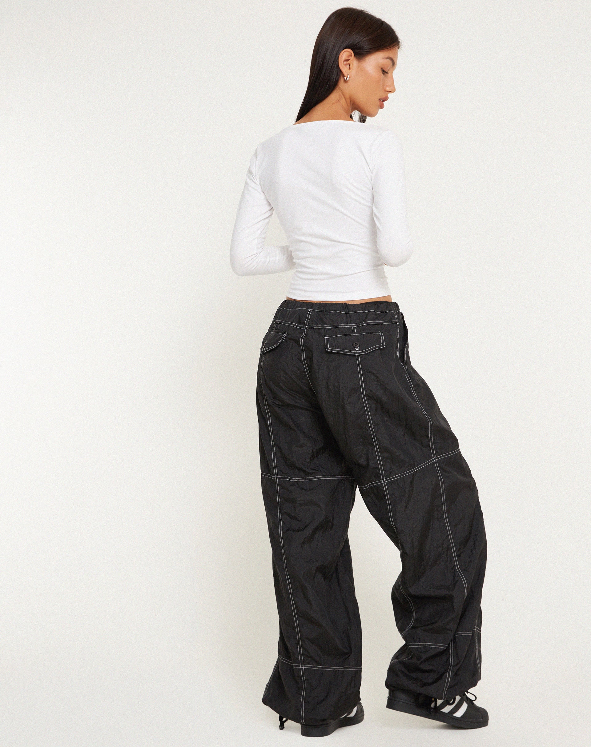 Phil Low Waist Trouser in Black with White Top Stitch - Image 4