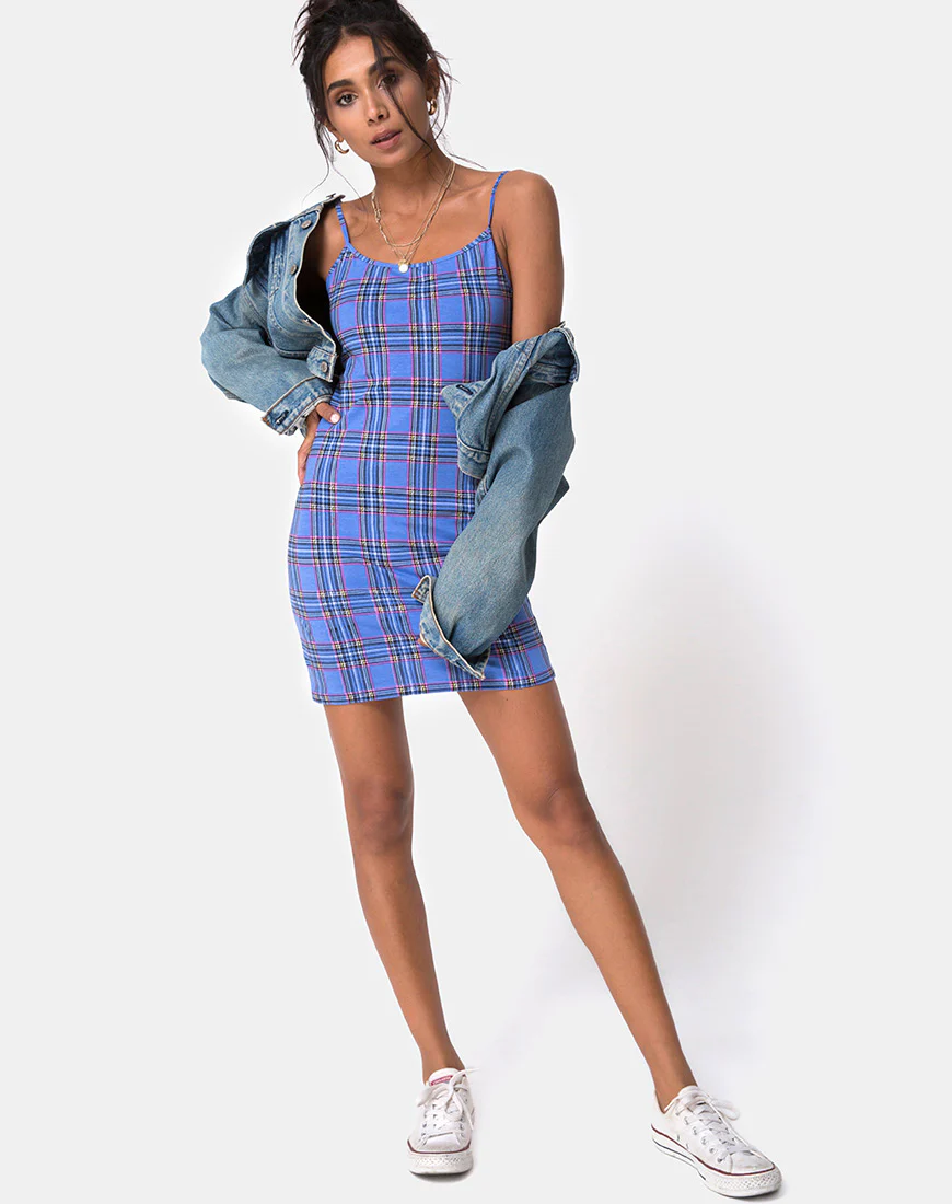 Piper Bodycon Dress in 90'S Check Blue Pink - Image 4