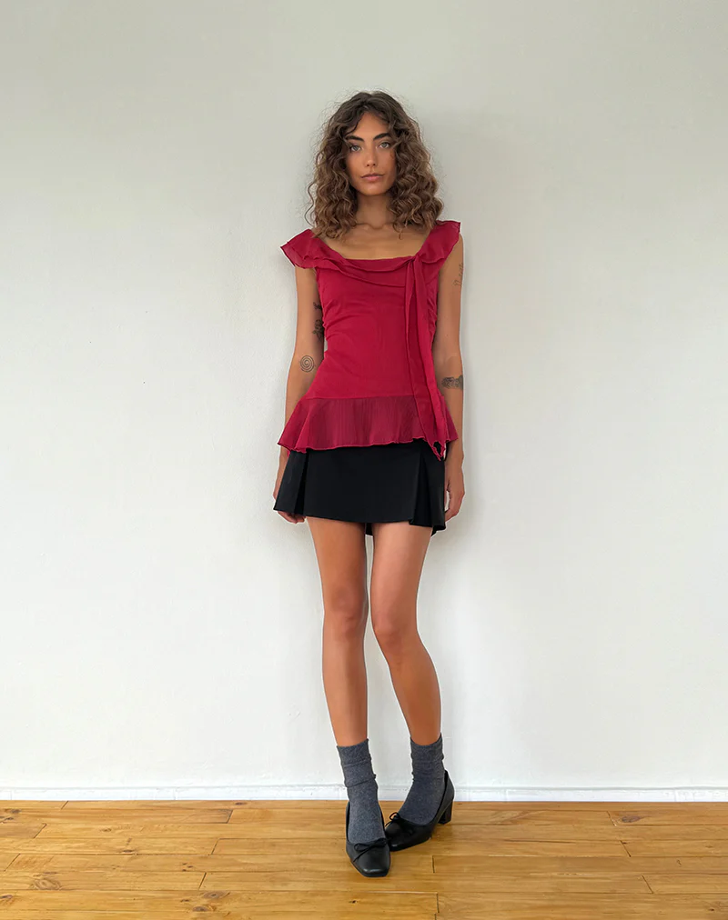Piro Ruffle Longline Top in Burgundy - Image 3