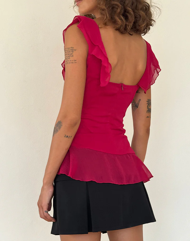Piro Ruffle Longline Top in Burgundy - Image 5