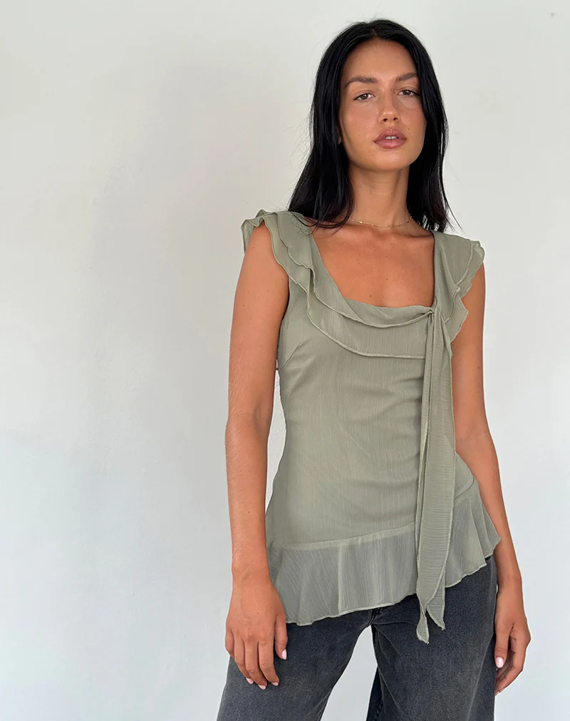 Piro Ruffle Longline Top in Chiffon Olive - Image 2
