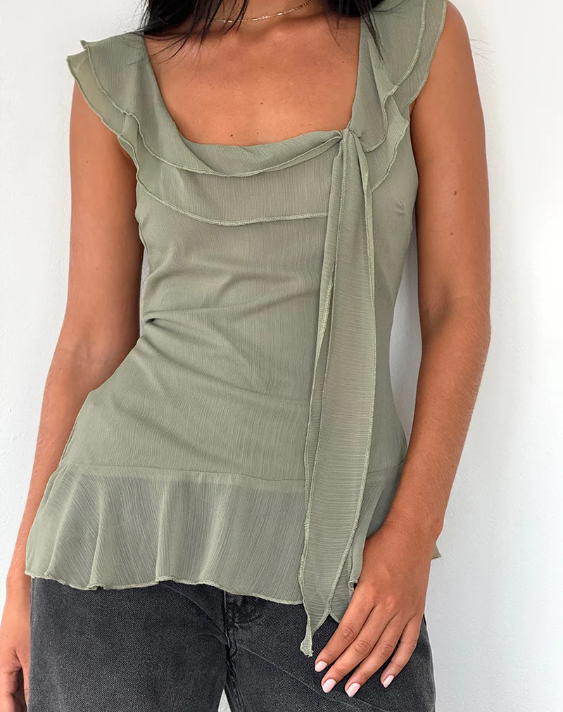Piro Ruffle Longline Top in Chiffon Olive - Image 4