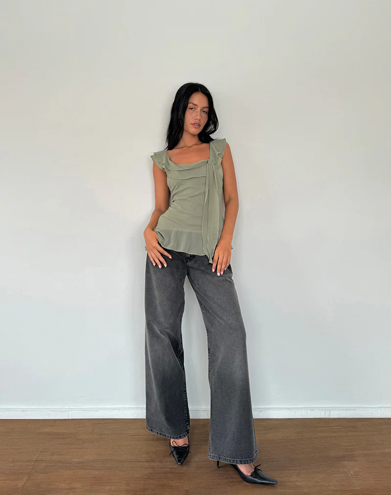 Piro Ruffle Longline Top in Chiffon Olive - Image 5