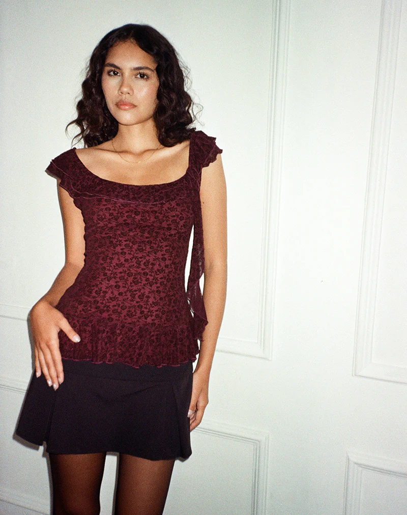 Piroli Top in Ditsy Floral Flock Burnt Maroon - Image 5