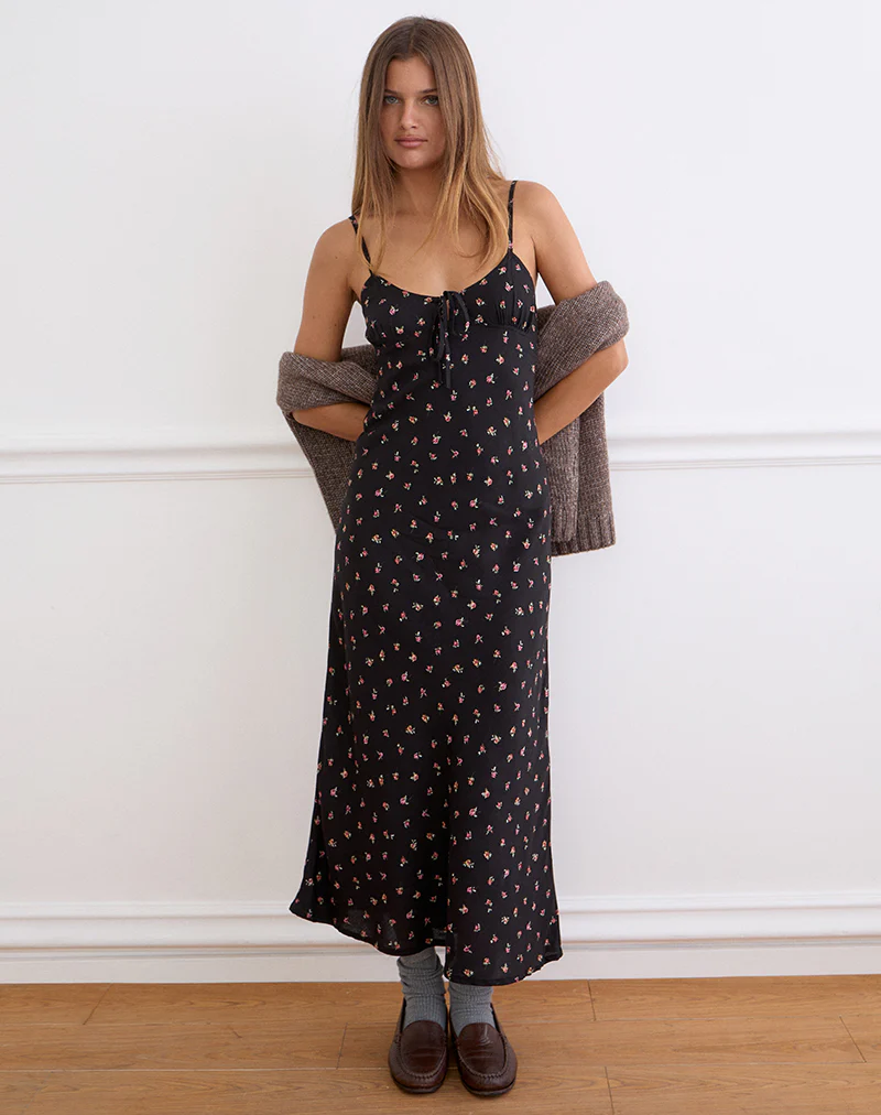 Posine Maxi Dress in Black with Red Rose Ditsy Print - Image 3