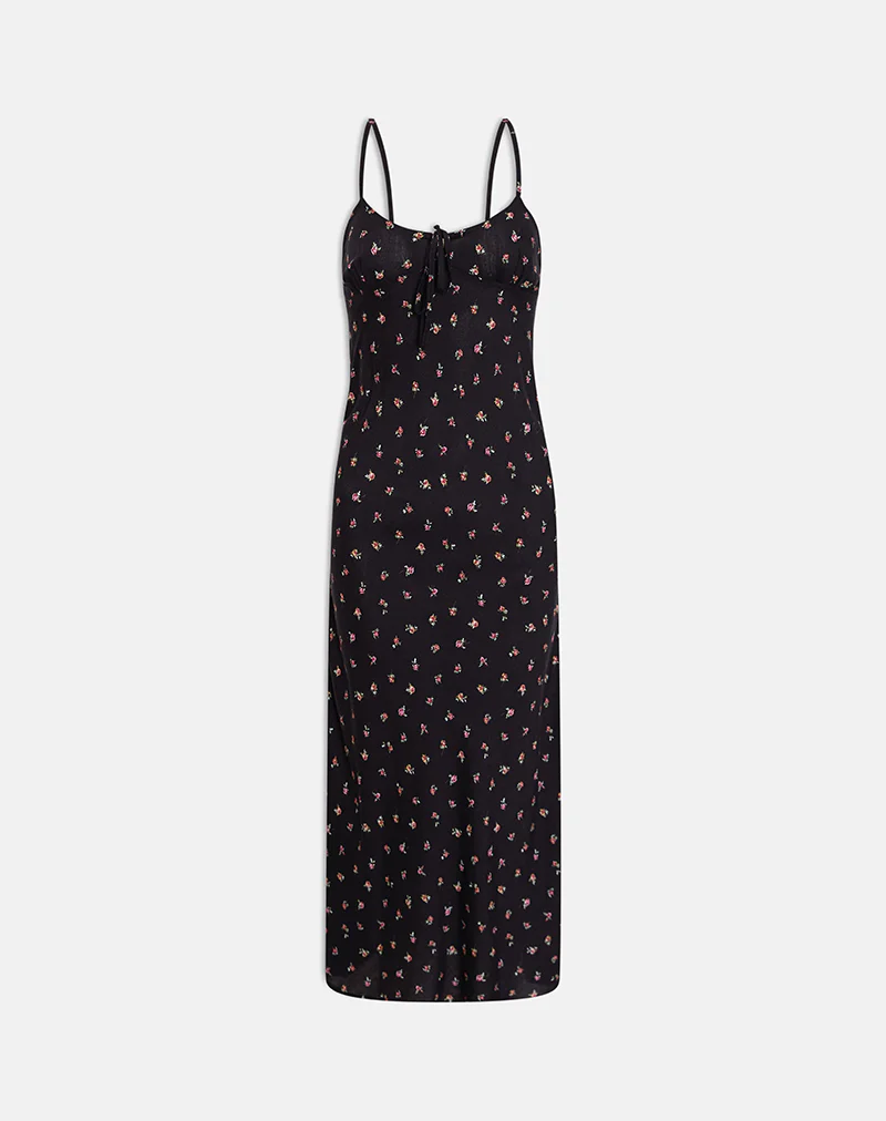 Posine Maxi Dress in Black with Red Rose Ditsy Print - Image 4