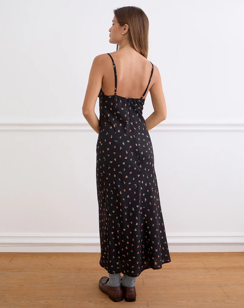 Posine Maxi Dress in Black with Red Rose Ditsy Print - Image 6