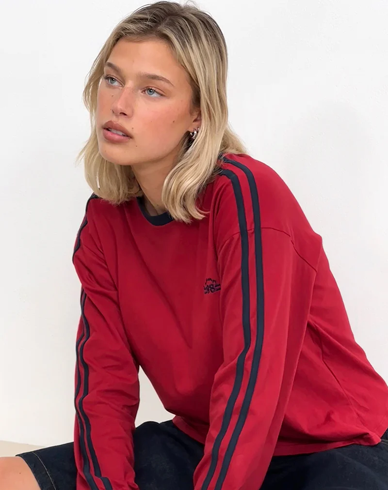 Prata Long Sleeve Top in Adrenaline Red with Navy Binding - Image 2