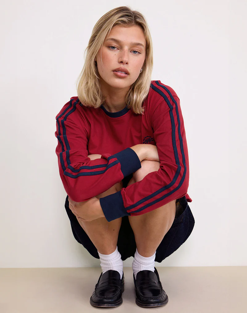 Prata Long Sleeve Top in Adrenaline Red with Navy Binding - Image 4