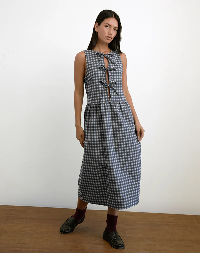 Prelith Midi Dress in Black Grey Tonal Gingham - Image 3
