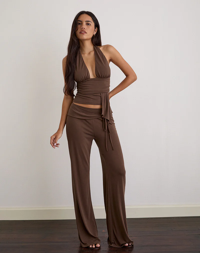 Prilla Halterneck Top in Cupro Dark Brown