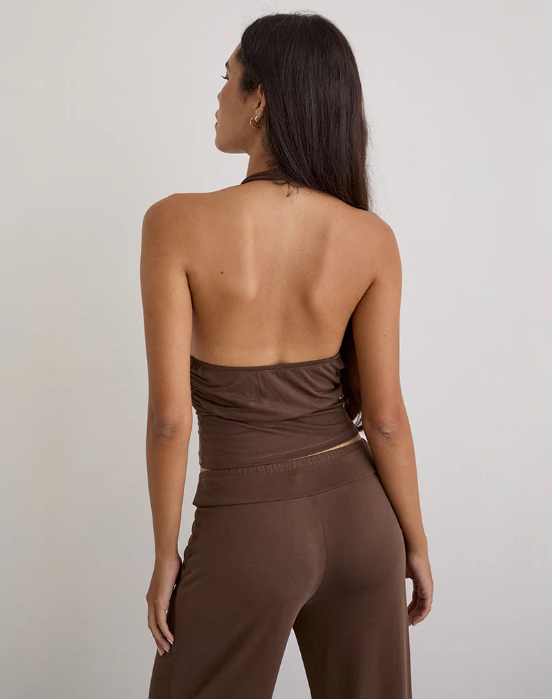 Prilla Halterneck Top in Cupro Dark Brown - Image 5