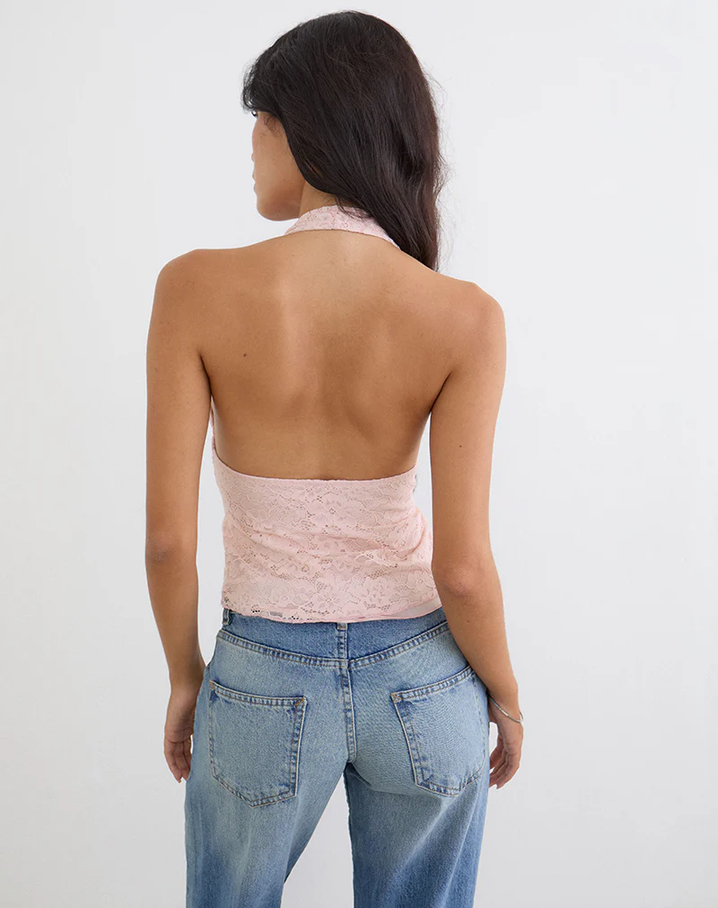 Prilla Halterneck Top in Lace Soft Pink - Image 4