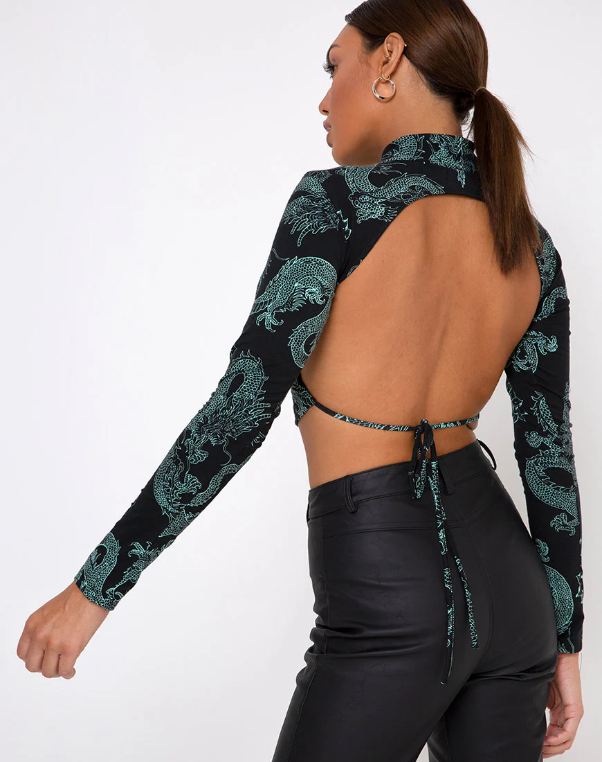 Quelia Top in Dragon Flower Black and Mint - Image 2