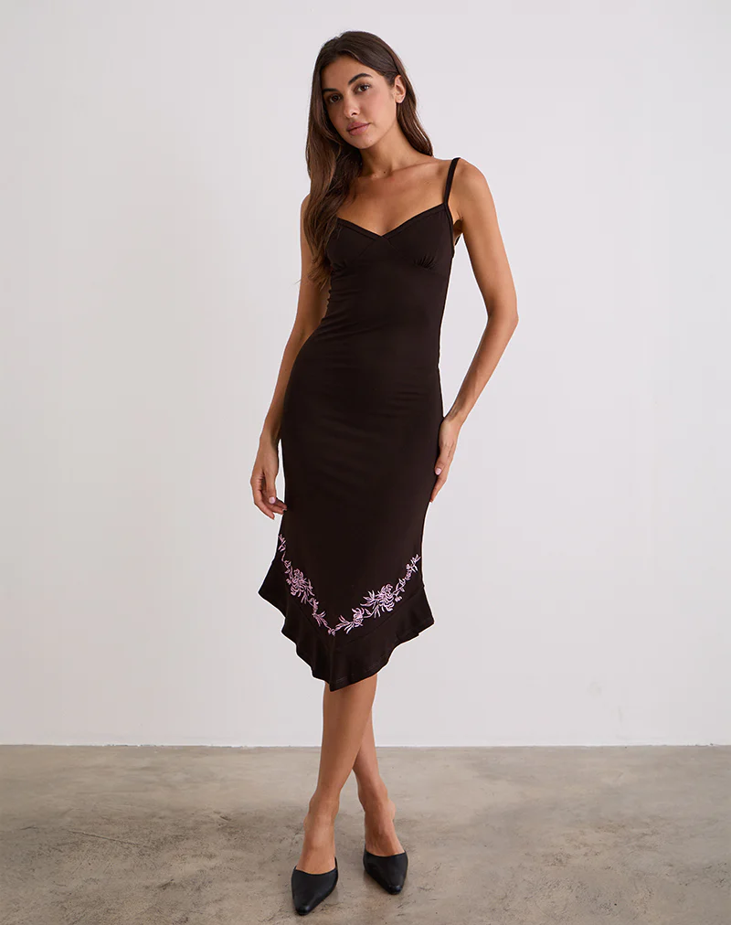 Quelin Midi Dress in Chocolate Brown with Rose Embroidery