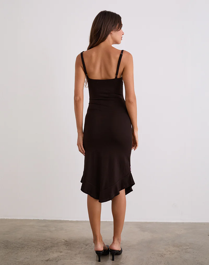 Quelin Midi Dress in Chocolate Brown with Rose Embroidery - Image 6