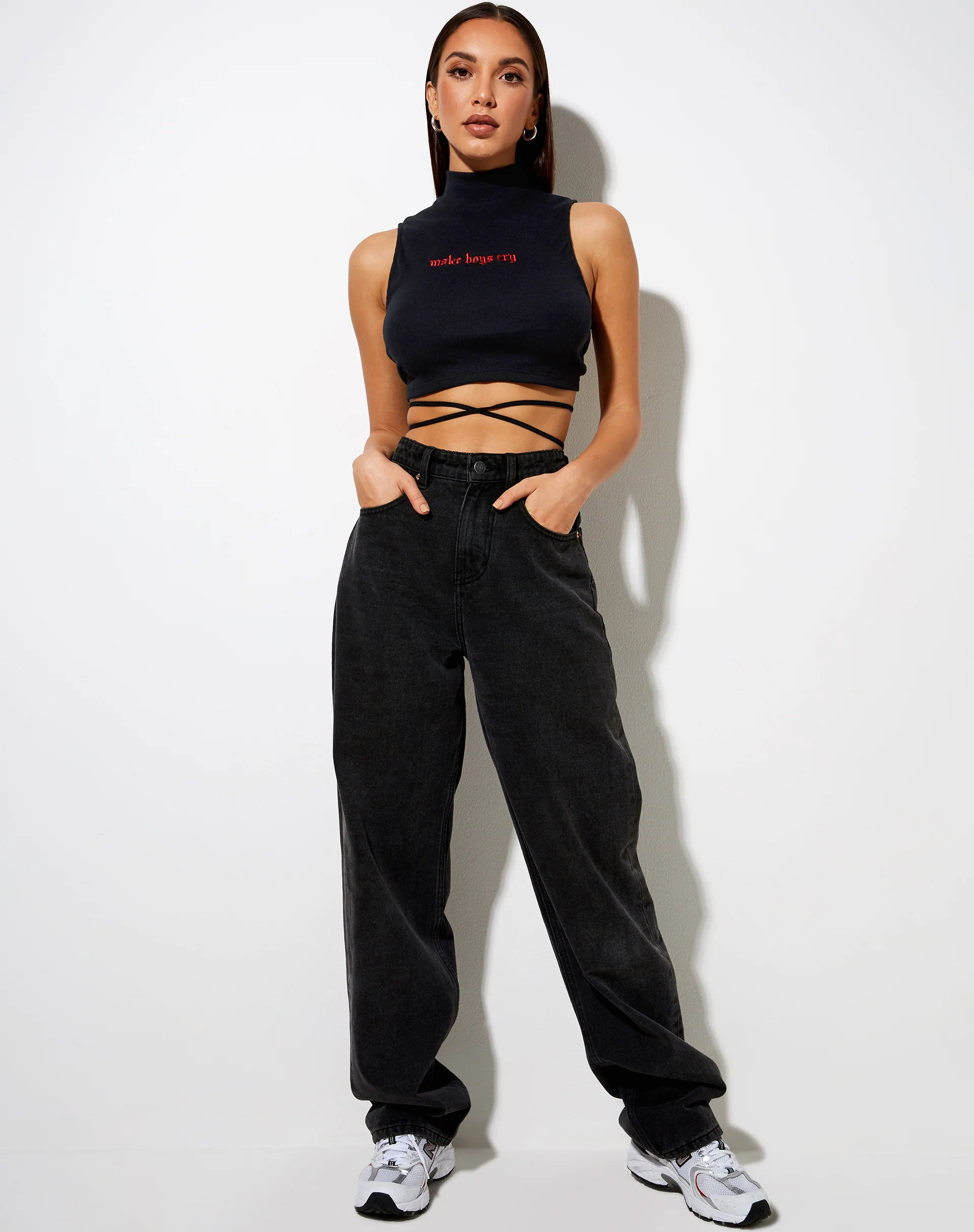 Quera Crop Top in Rib Black with 'Make Boys Cry' Embro - Image 3