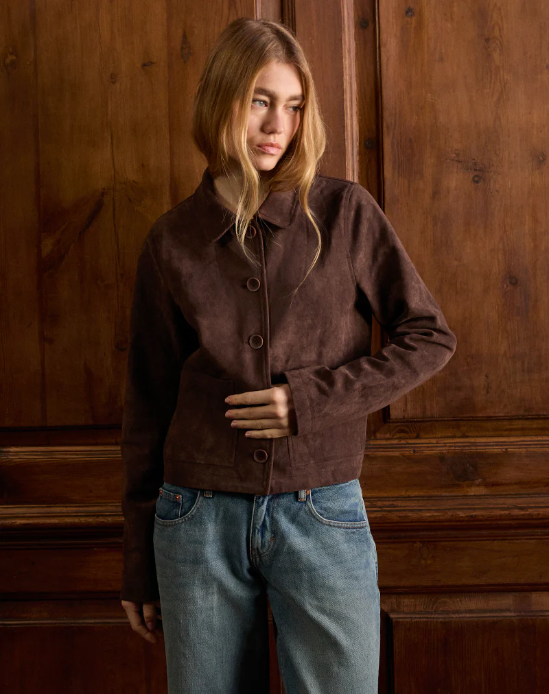 Quincy Faux Suede Cropped Jacket in Brown - Image 4