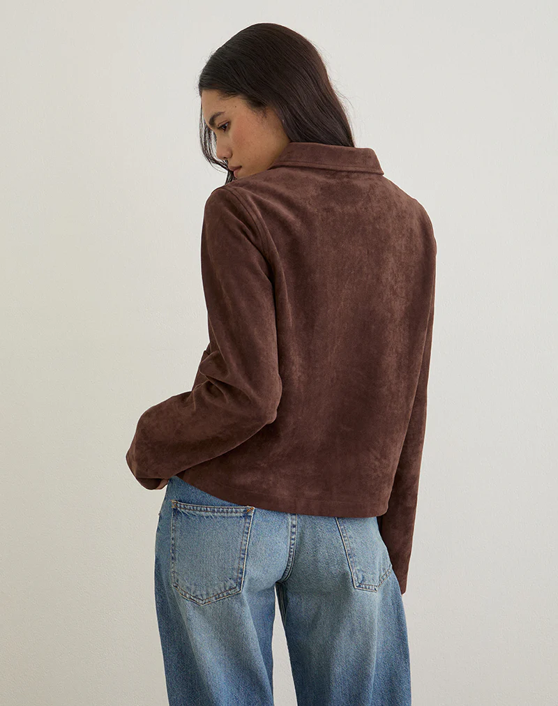 Quincy Faux Suede Cropped Jacket in Brown - Image 6