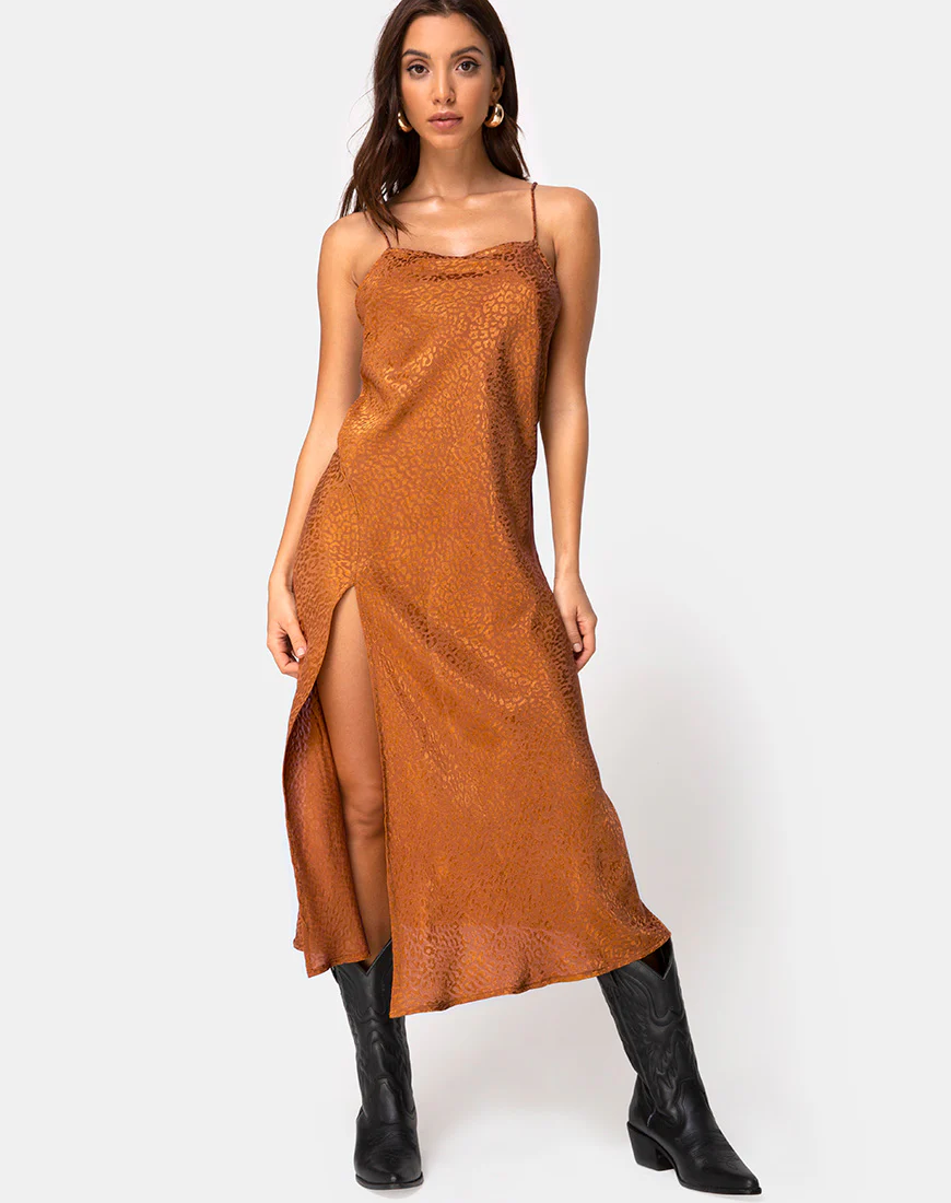 Quinty Dress in Gold Satin Cheetah - Image 2