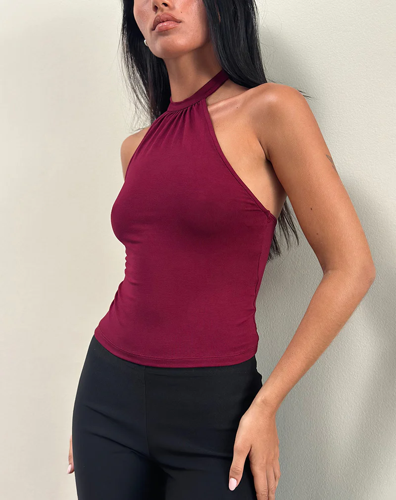 Raceline Halterneck Top in Rayon Jersey Burgundy - Image 3