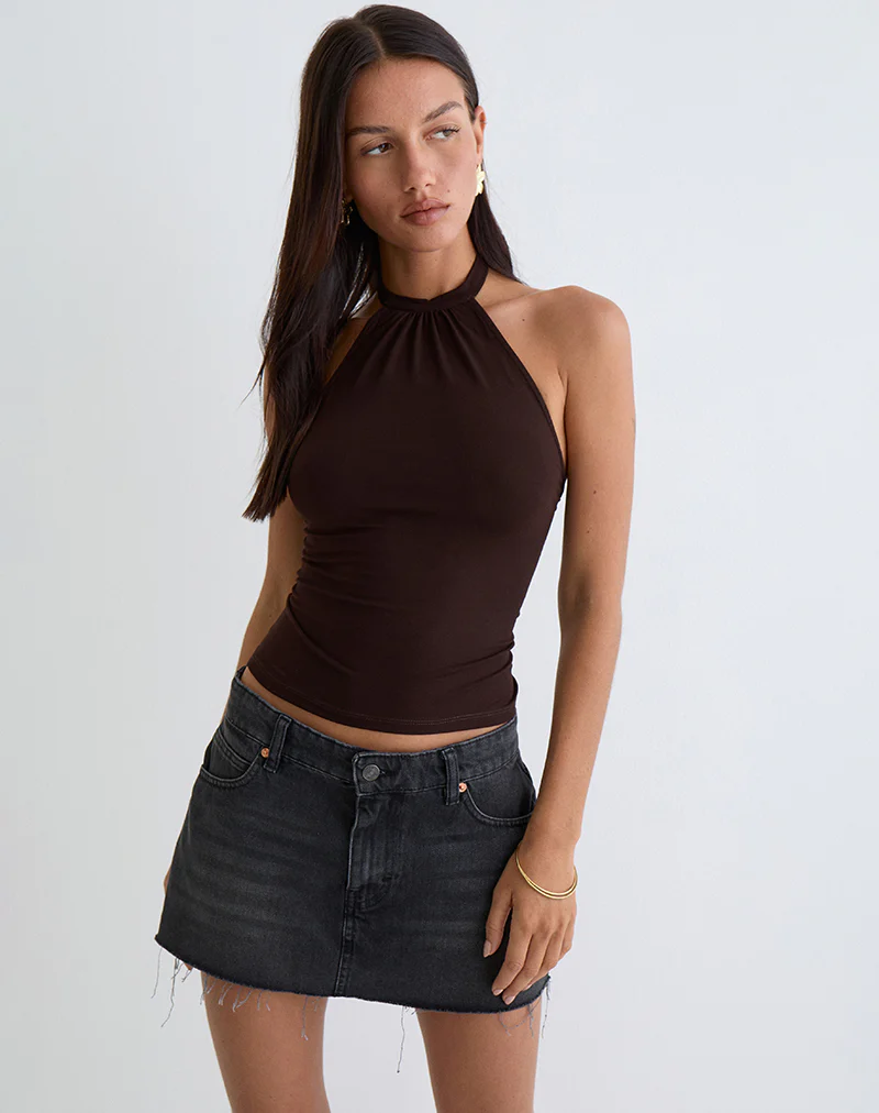 Raceline Halterneck Top in Rayon Jersey Chocolate Brown
