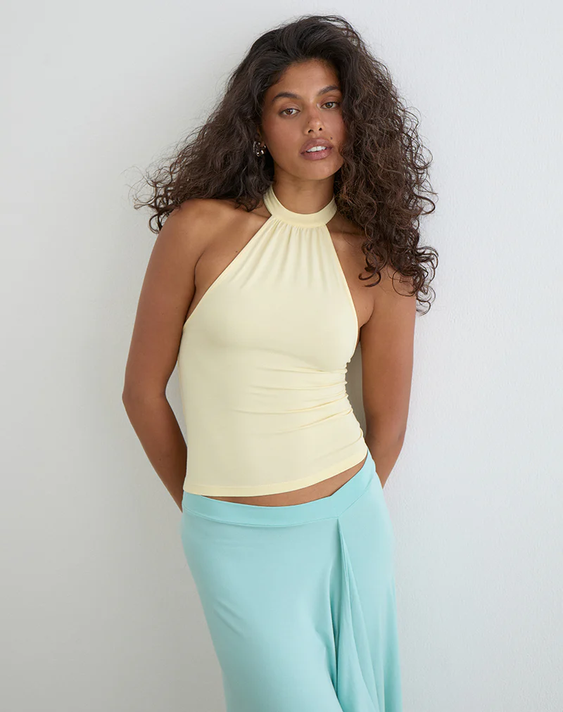 Raceline Halterneck Top in Rayon Jersey Lemon