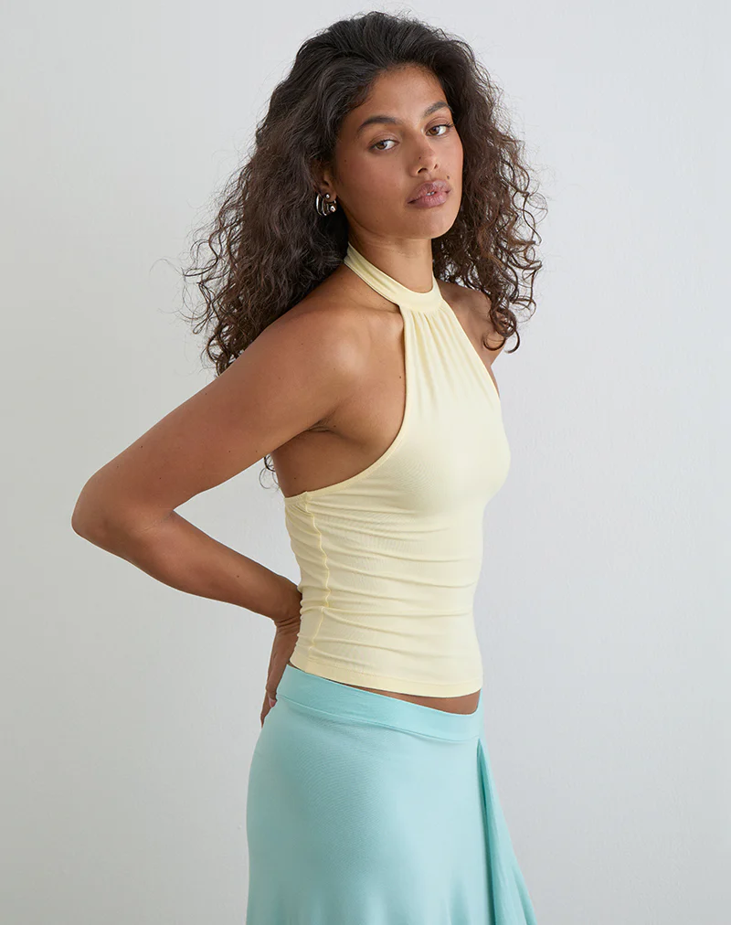 Raceline Halterneck Top in Rayon Jersey Lemon - Image 3