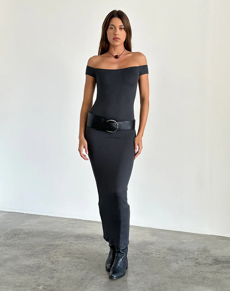 Racha Thick Rib Bardot Maxi Dress in Black Forest - Image 4
