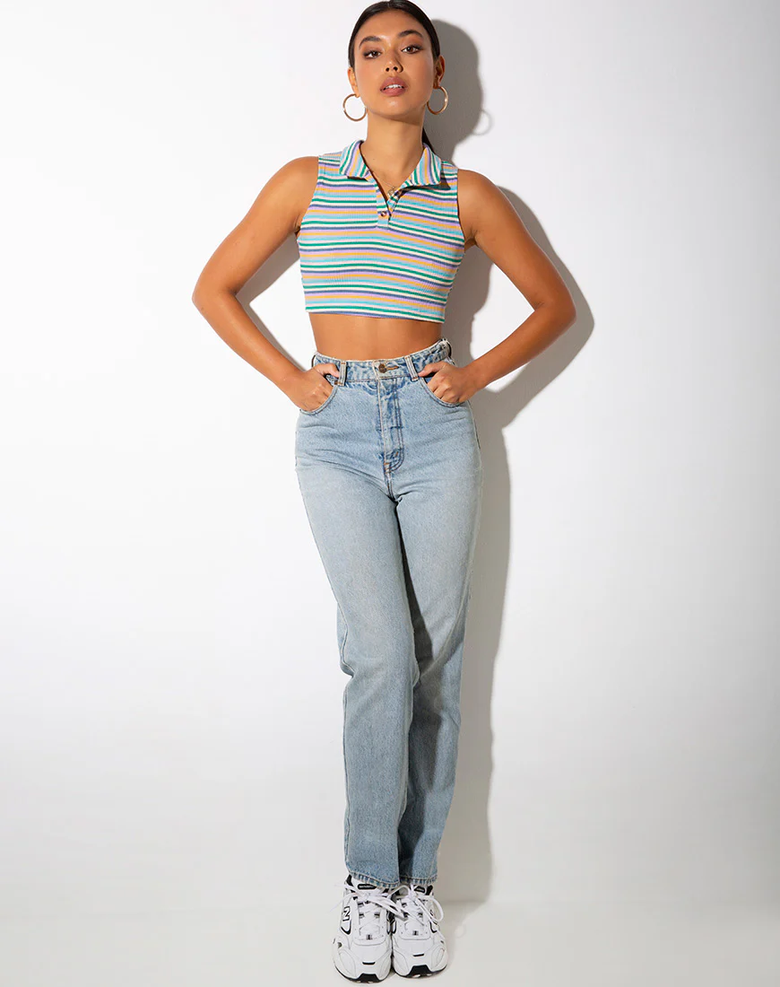 Raco Crop Top in Rib Green Purple and Yellow - Image 3