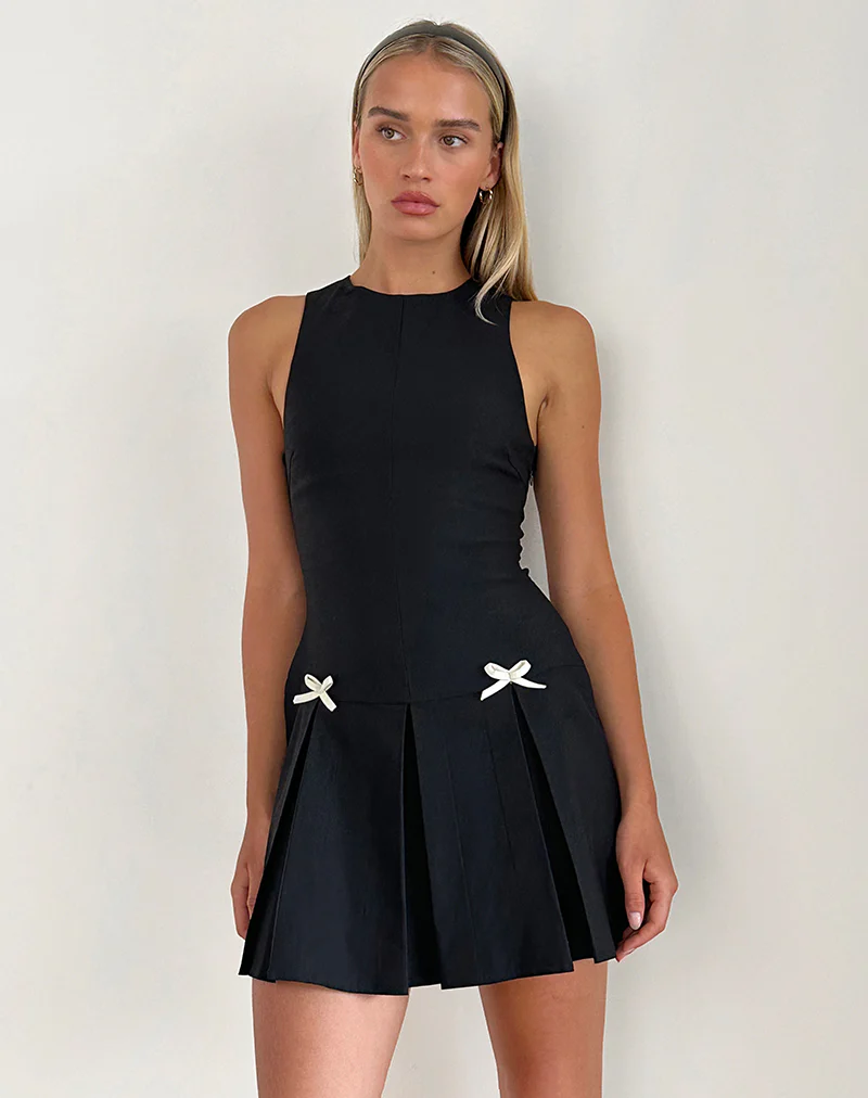 Radeta Mini Dress in Black with Ivory Bows