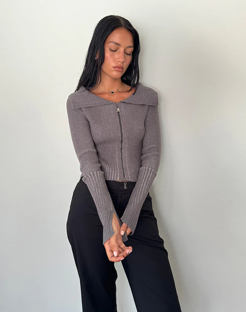 Radia Long Sleeve Off-Shoulder Zip Through Jumper in Dark Charcoal - Image 2