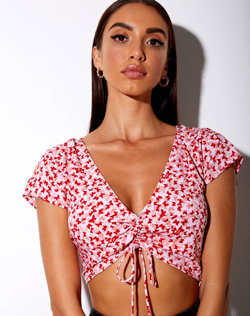 Raeto Crop Top in Ditsy Butterfly Peach and Red - Image 3