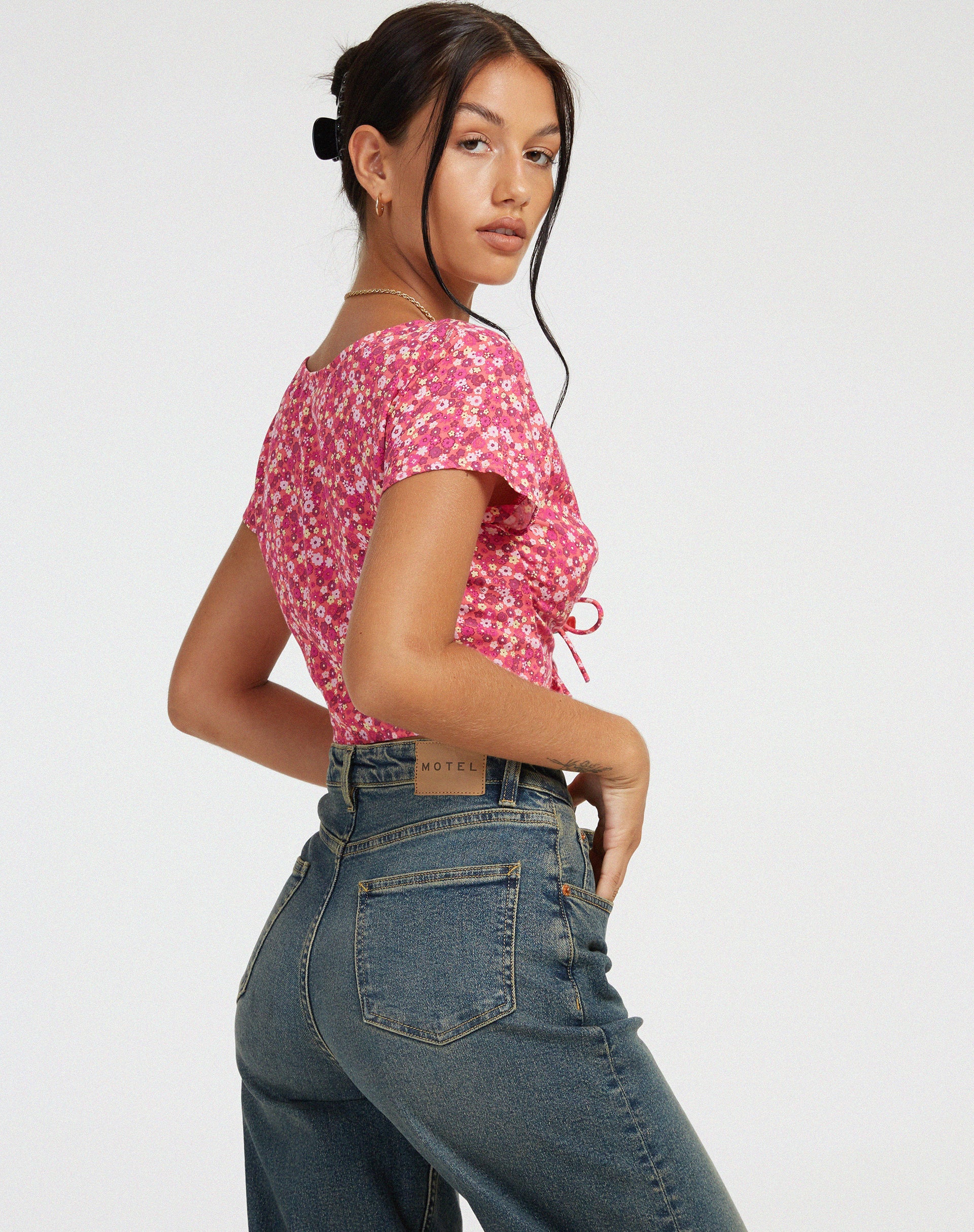 Raeto Crop Top in Ditsy Floral Pink - Image 2